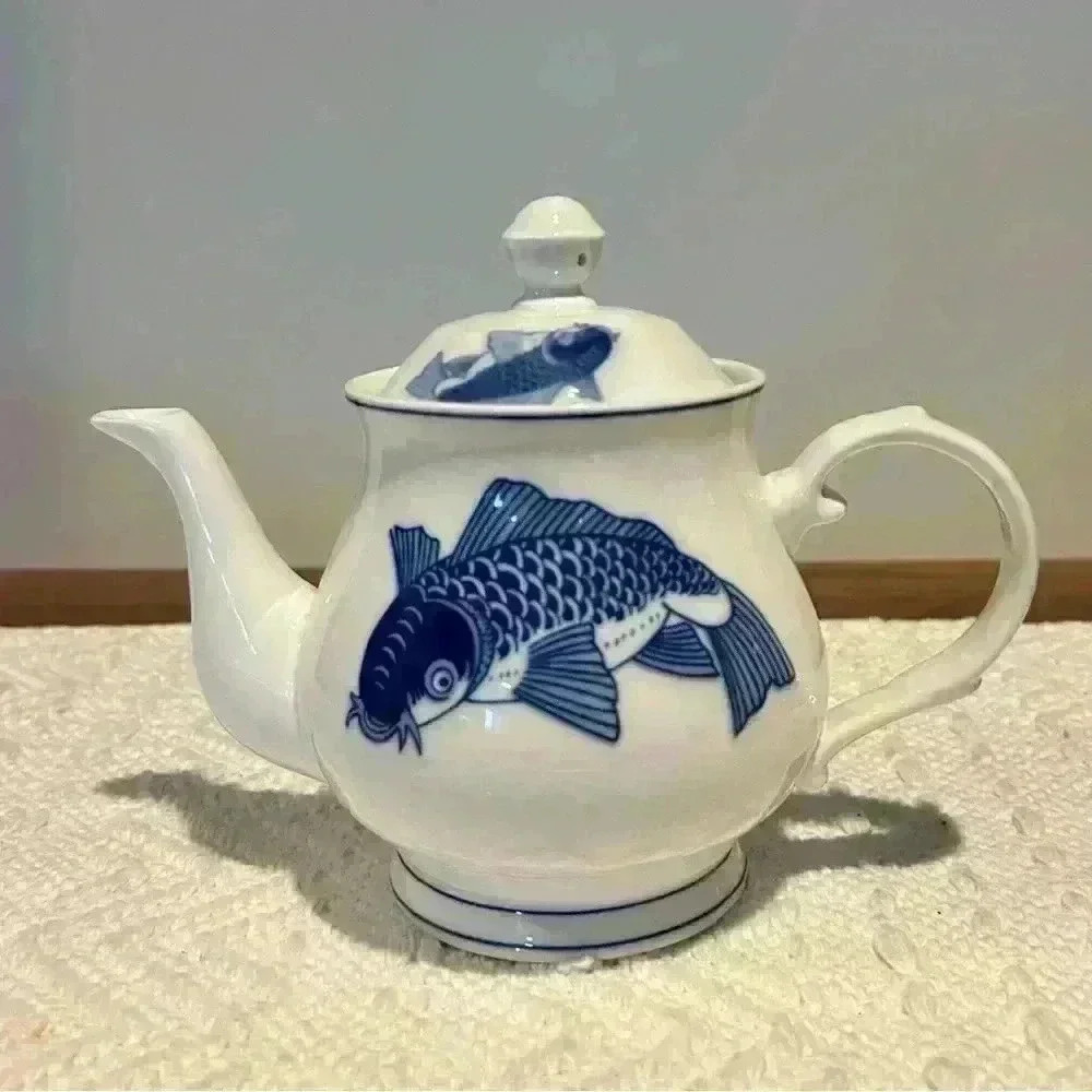 Chang’s White Jade Porcelain Blue Koi Teapot